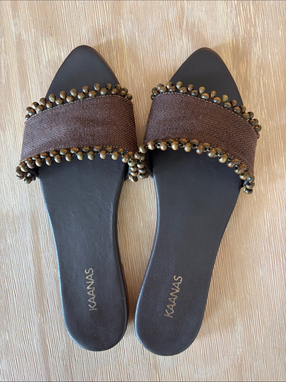 ✨ Kaanas Cala Linen Asymmetric Beaded Slide Sandal | Size 7 | Brown